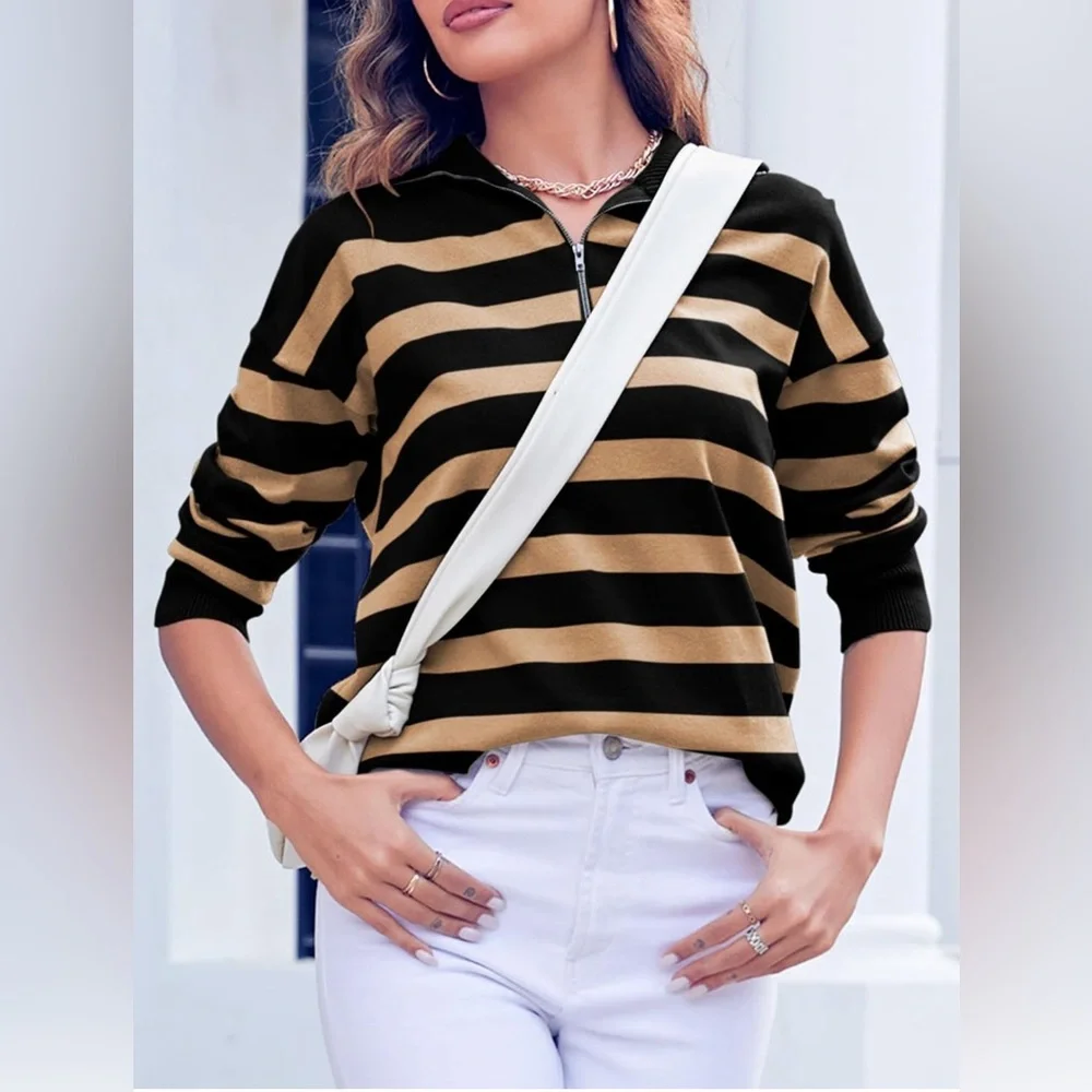 NWOT Women’s Long Sleeve Lightweight Khaki  & Black Striped Half Zip Sweat… - Picture 3 of 8